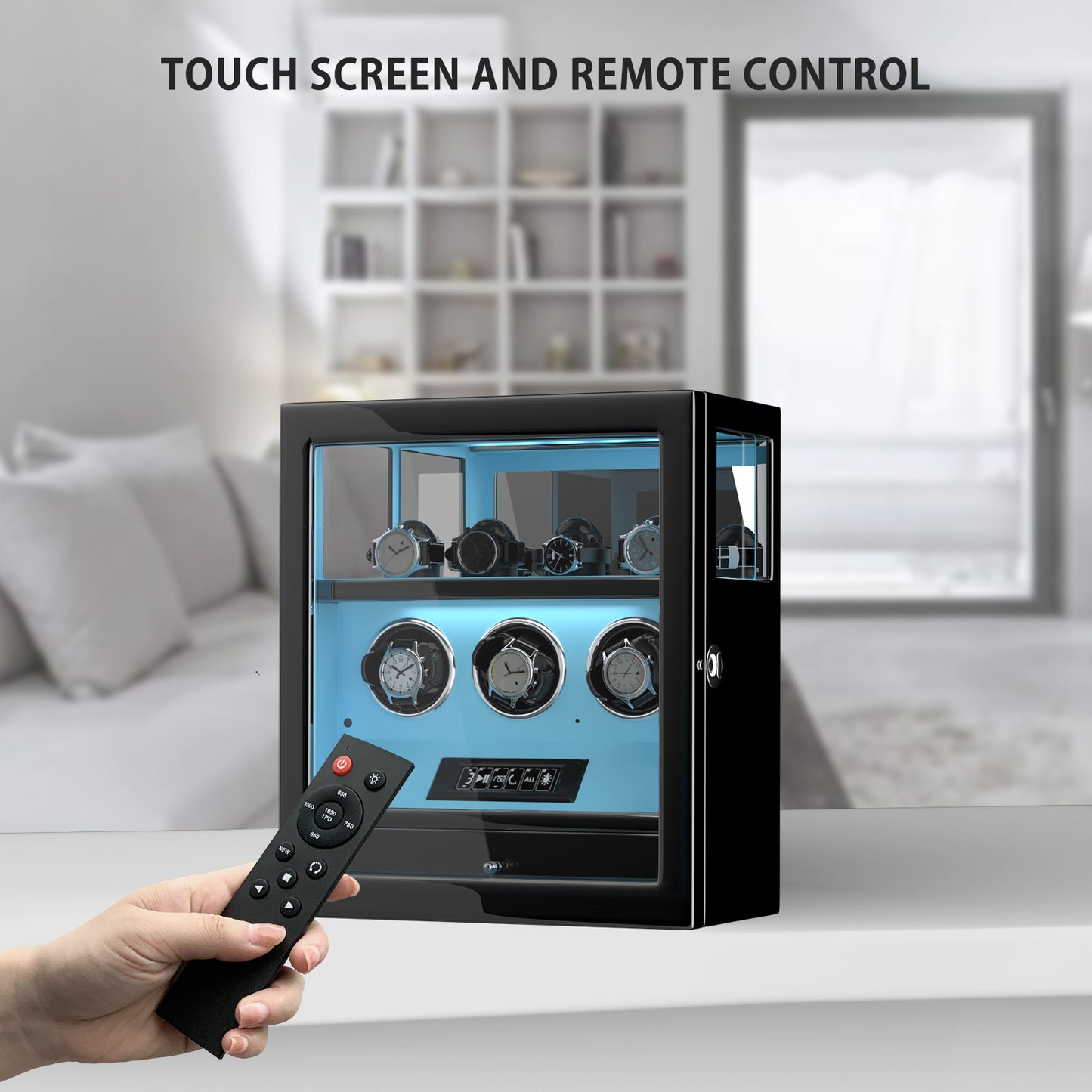 Caja giratoria automática con huella digital – 3 relojes + 4 espacios de almacenamiento (Azul Tiffany)