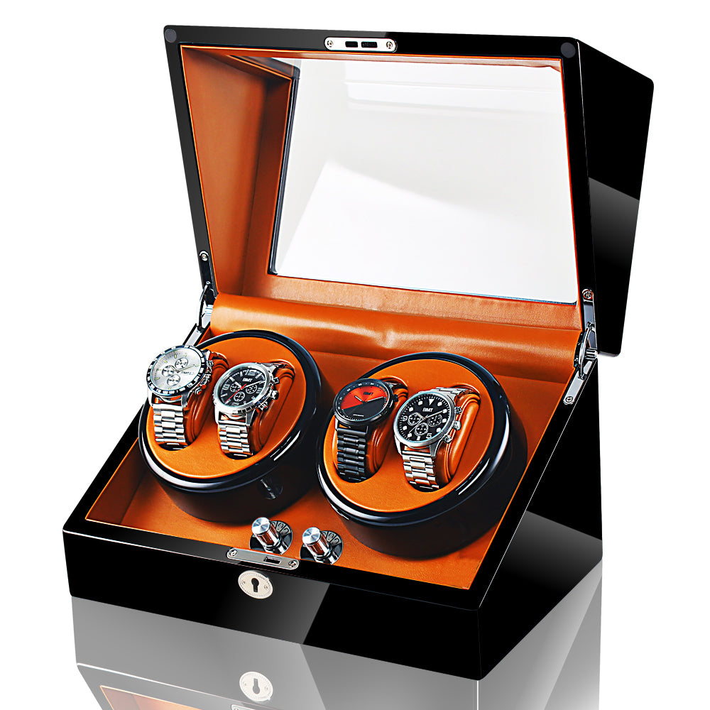 Caja giratoria automática de lujo – 4 relojes (Negro exterior, interior marrón)
