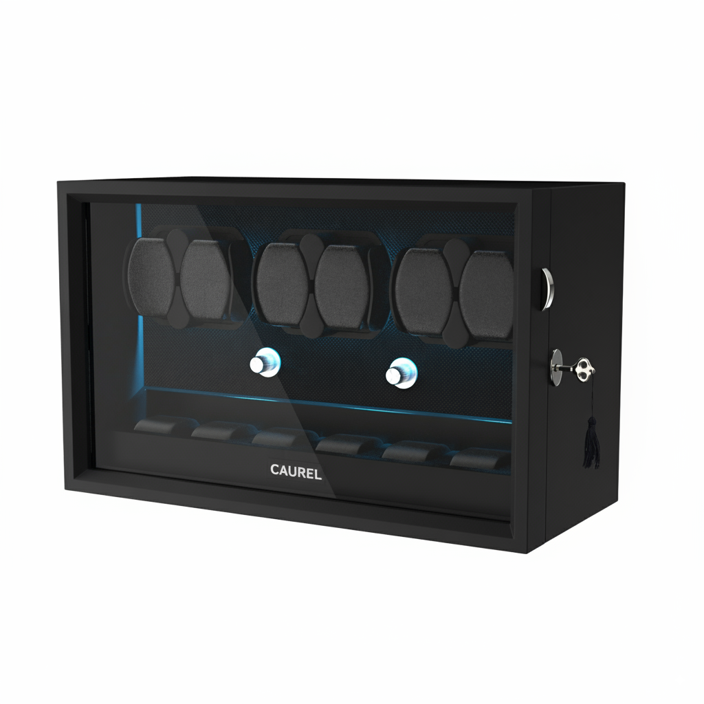 Caja giratoria automática para relojes – Multi-slot con luz LED azul aurora