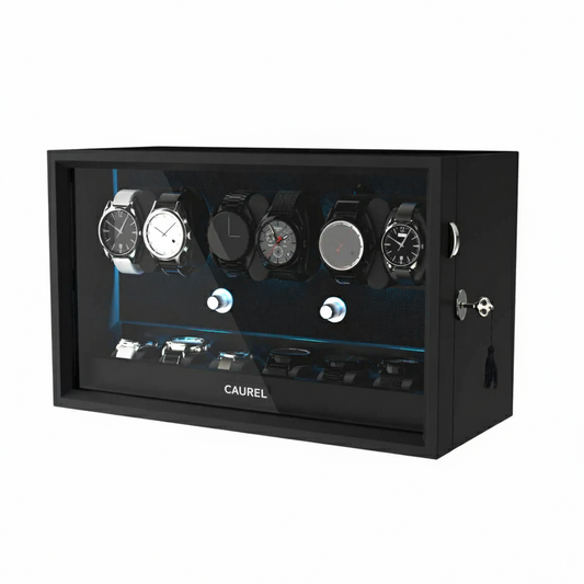 Caja giratoria automática para relojes – Multi-slot con luz LED azul aurora