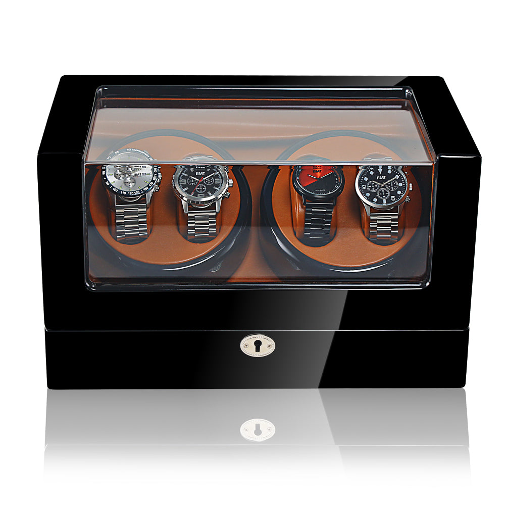 Caja giratoria automática de lujo – 4 relojes (Negro exterior, interior marrón)