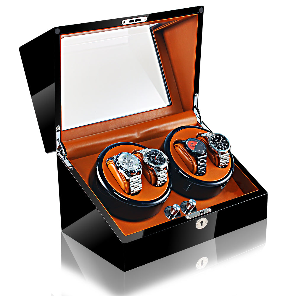 Caja giratoria automática de lujo – 4 relojes (Negro exterior, interior marrón)