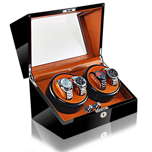 Caja giratoria automática de lujo – 4 relojes (Negro exterior, interior marrón)