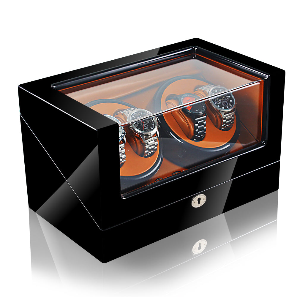 Caja giratoria automática de lujo – 4 relojes (Negro exterior, interior marrón)