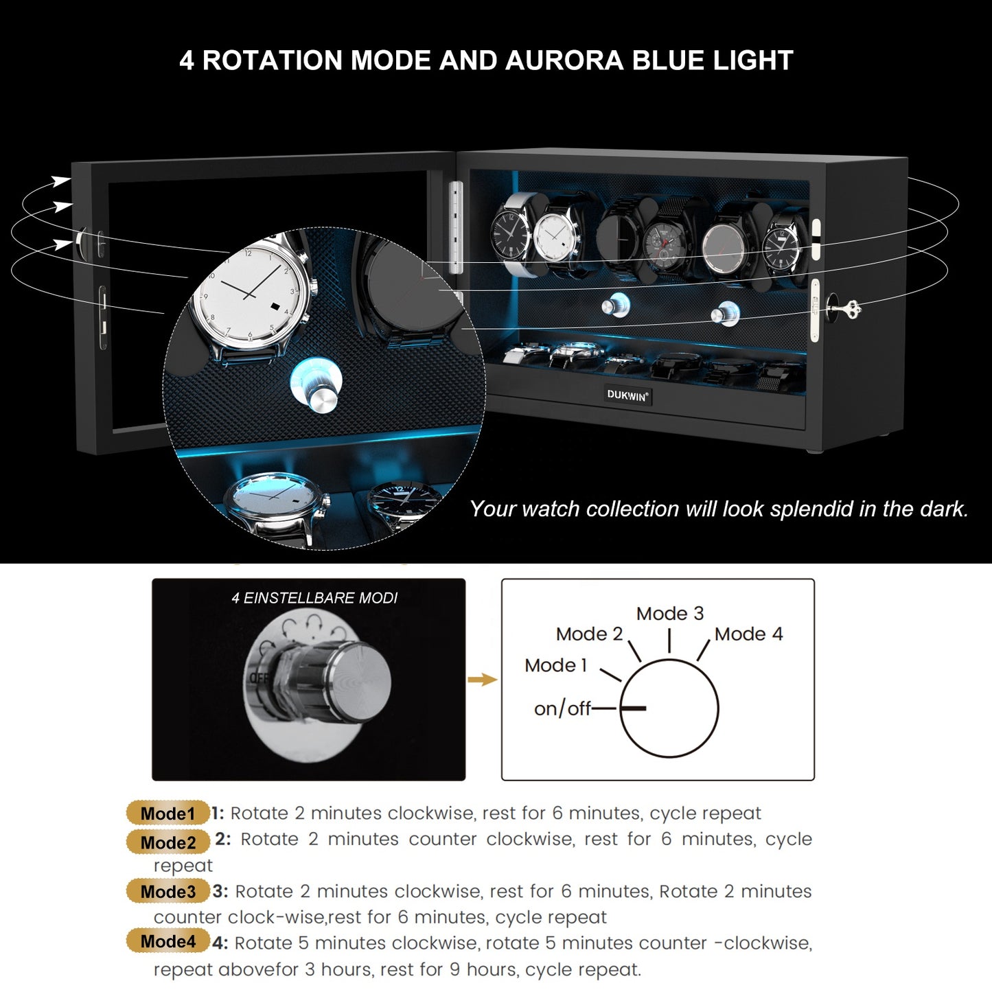 Caja giratoria automática para relojes – Multi-slot con luz LED azul aurora