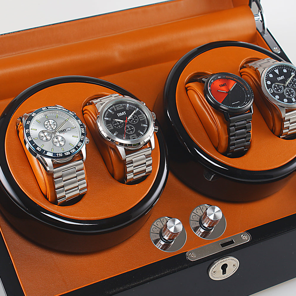 Caja giratoria automática de lujo – 4 relojes (Negro exterior, interior marrón)