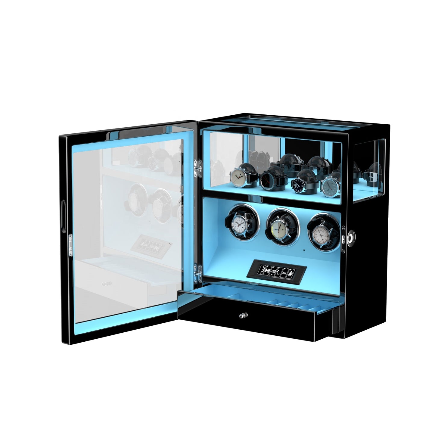 Caja giratoria automática con huella digital – 3 relojes + 4 espacios de almacenamiento (Azul Tiffany)
