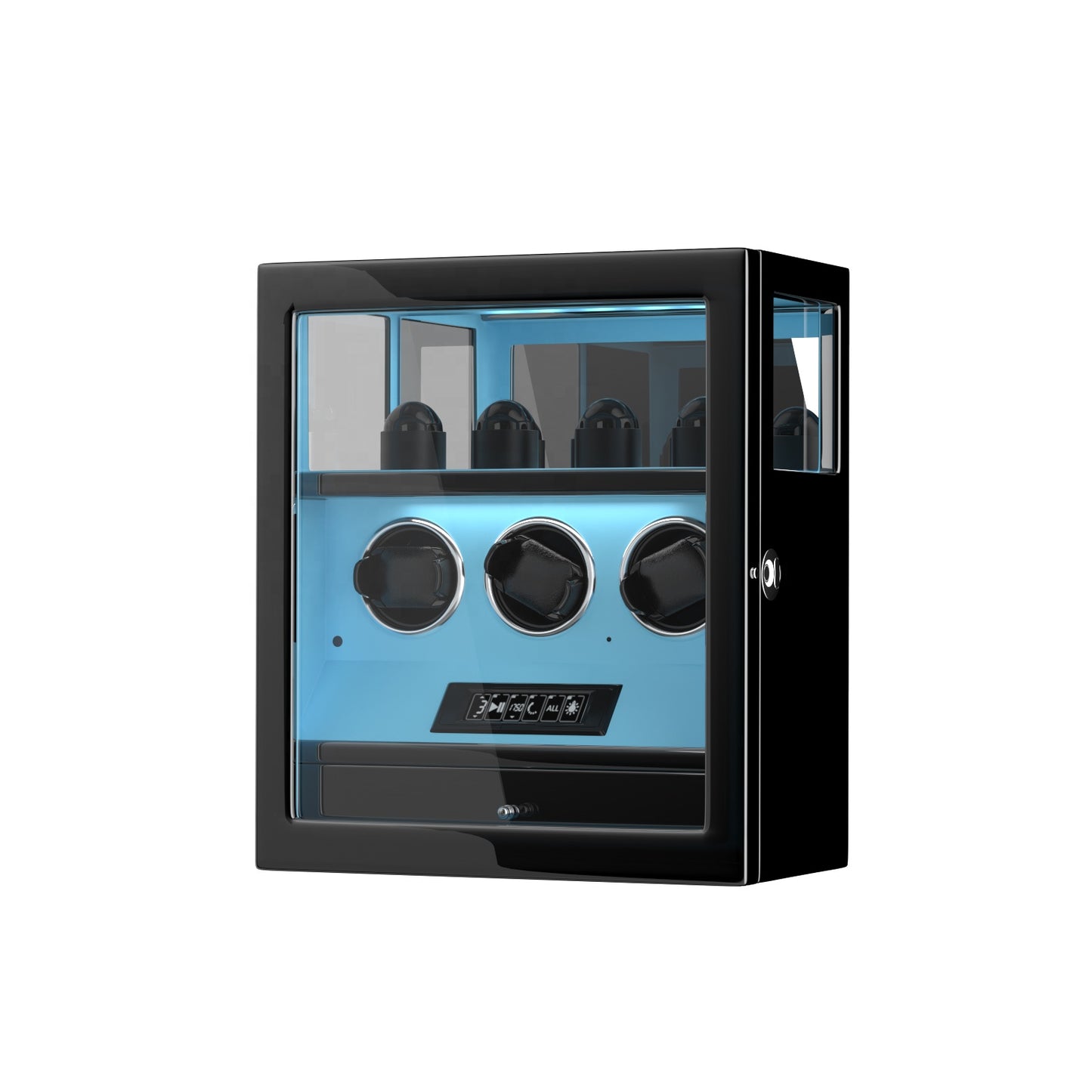 Caja giratoria automática con huella digital – 3 relojes + 4 espacios de almacenamiento (Azul Tiffany)