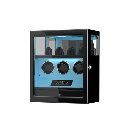 Caja giratoria automática con huella digital – 3 relojes + 4 espacios de almacenamiento (Azul Tiffany)
